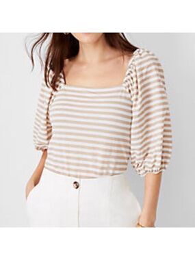 Ann Taylor Striped Smoked back square neck Tan & White Balloon Sleeve Top Sz L